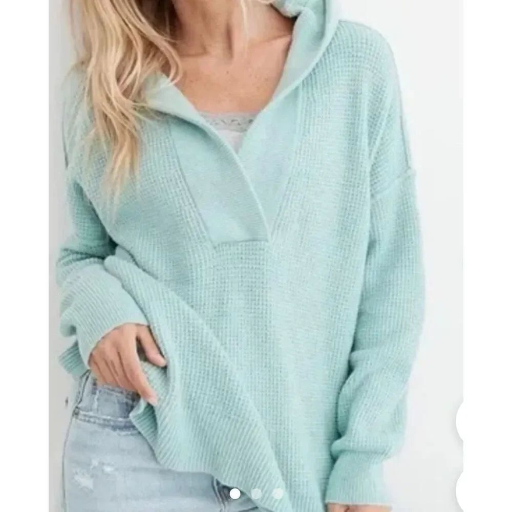 Aerie mint waffle collared hooded sweater size small